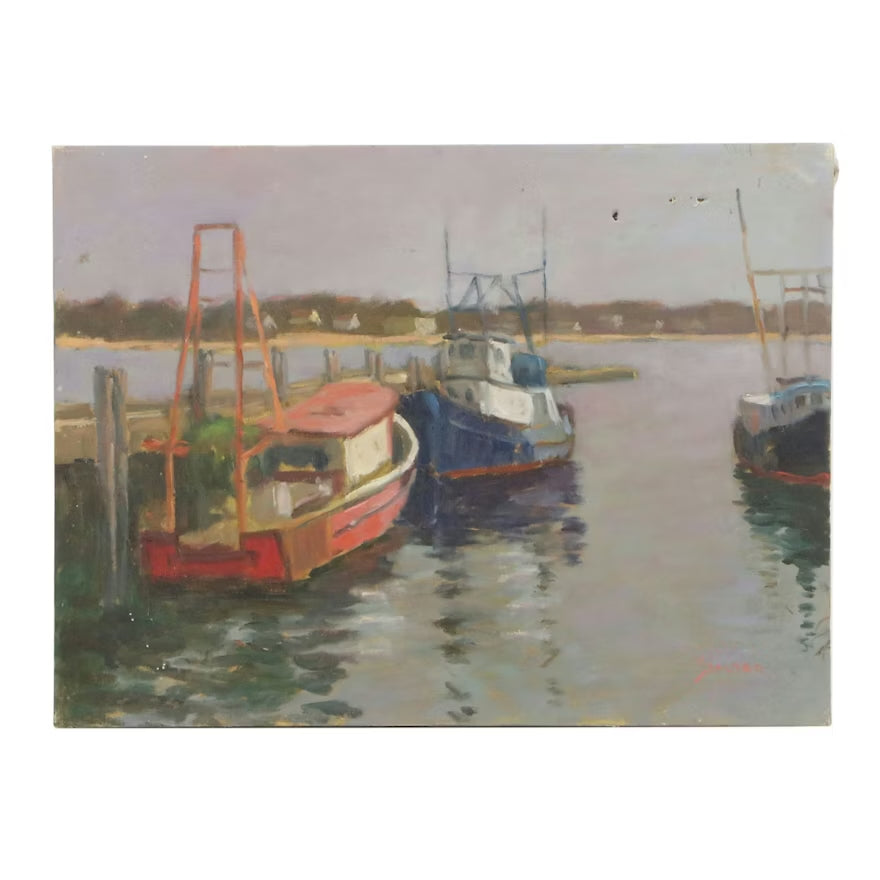 Richard Stalter Oil Painting of Docked Tugboats